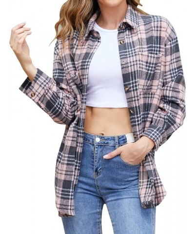 Womens Casual Plaid Shacket Wool Blend Button Down Jackets Coat Long Sleeve Shirt with Pocket Pink $18.87 Coats