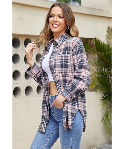 Womens Casual Plaid Shacket Wool Blend Button Down Jackets Coat Long Sleeve Shirt with Pocket Pink $18.87 Coats