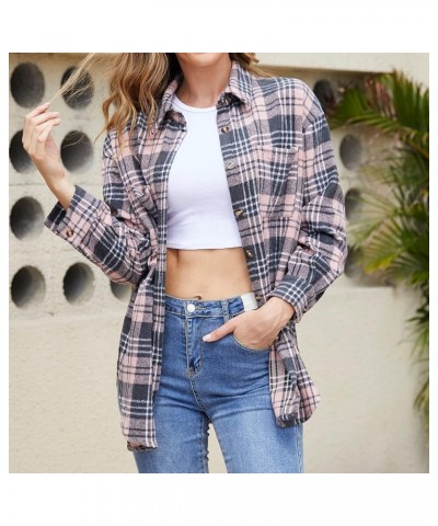 Womens Casual Plaid Shacket Wool Blend Button Down Jackets Coat Long Sleeve Shirt with Pocket Pink $18.87 Coats