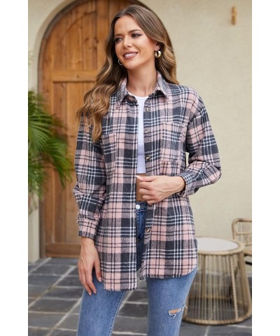 Womens Casual Plaid Shacket Wool Blend Button Down Jackets Coat Long Sleeve Shirt with Pocket Pink $18.87 Coats