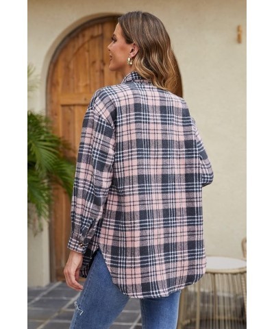 Womens Casual Plaid Shacket Wool Blend Button Down Jackets Coat Long Sleeve Shirt with Pocket Pink $18.87 Coats