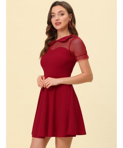 Retro Dresses for Women's Peter Pan Collar Valentine's Day A-Line Mesh Sleeve Dress Burgundy $17.15 Dresses