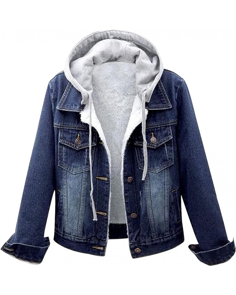 Hooded Outwear Long Casual Denim Women Long Overcoat Jacket Coat Jean Sleeve Women's Blouse Womens Casual Button up Dark Blue...