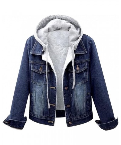 Hooded Outwear Long Casual Denim Women Long Overcoat Jacket Coat Jean Sleeve Women's Blouse Womens Casual Button up Dark Blue...