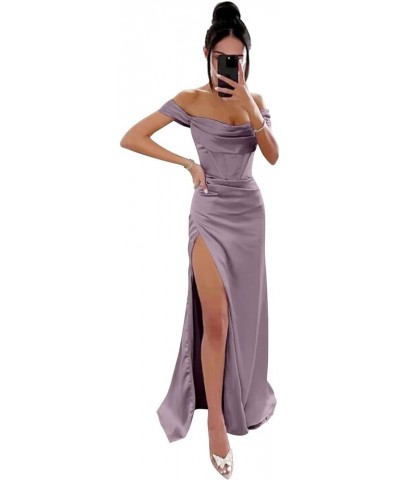 Off Shoulder Bridesmaid Dresses for Women Ruched Satin Long Formal Gown Mermaid Prom Dress with Slit EV9712 Wisteria $24.97 D...