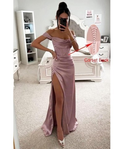 Off Shoulder Bridesmaid Dresses for Women Ruched Satin Long Formal Gown Mermaid Prom Dress with Slit EV9712 Wisteria $24.97 D...