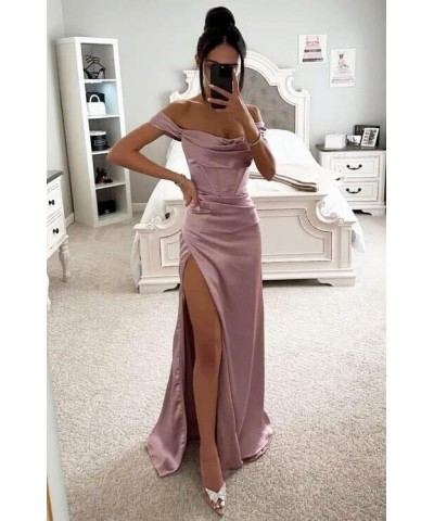 Off Shoulder Bridesmaid Dresses for Women Ruched Satin Long Formal Gown Mermaid Prom Dress with Slit EV9712 Wisteria $24.97 D...