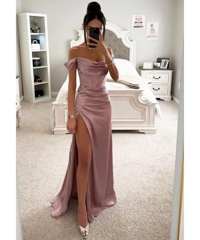 Off Shoulder Bridesmaid Dresses for Women Ruched Satin Long Formal Gown Mermaid Prom Dress with Slit EV9712 Wisteria $24.97 D...