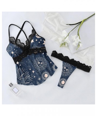 Lingerie for Women Printed Sleep Lounge Sleepwear Printed Camis Lace Teddy Babydoll Pajamas Bodysuit Nightgown Navy $9.03 Others