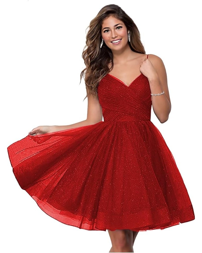 Short V-Neck Tulle Homecoming Dresses Sparkly for Teens Spaghetti Straps Cocktail Dresses WD039 Red $33.91 Dresses