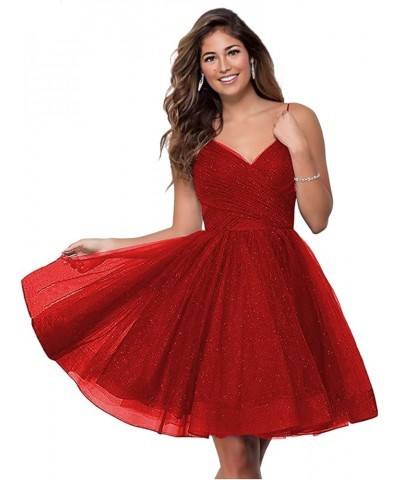 Short V-Neck Tulle Homecoming Dresses Sparkly for Teens Spaghetti Straps Cocktail Dresses WD039 Red $33.91 Dresses