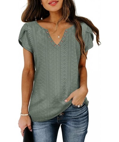 Womens Summer Tops Casual Country V Neck Tee Shirts Petal Sleeve Fashion Loose Blouse Green $12.75 T-Shirts