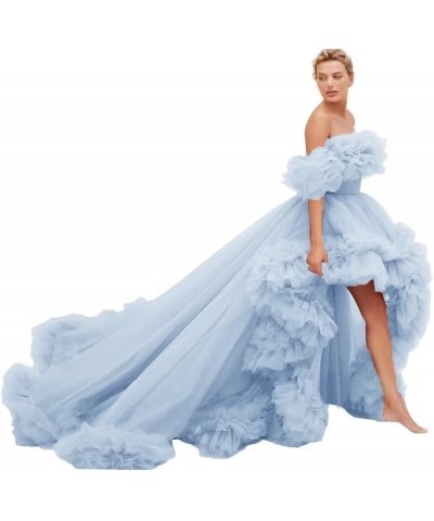 Women's High Low Tulle Prom Dresses Off Shoulder Ruffles Formal Evening Party Gowns Sky Blue $74.00 Dresses