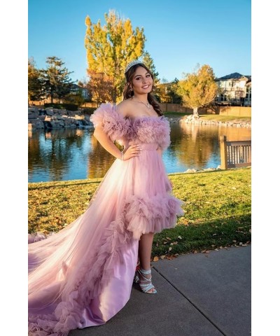 Women's High Low Tulle Prom Dresses Off Shoulder Ruffles Formal Evening Party Gowns Sky Blue $74.00 Dresses