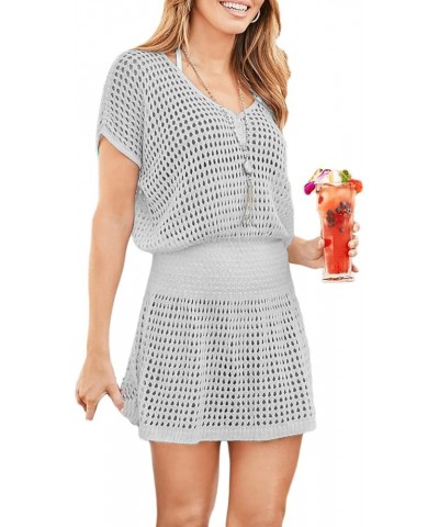 Women Crochet Hollow Out Swim Cover Ups Short Sleeve Beach Swimwear Tunic Dress Hollow Out Gray $18.14 Swimsuits