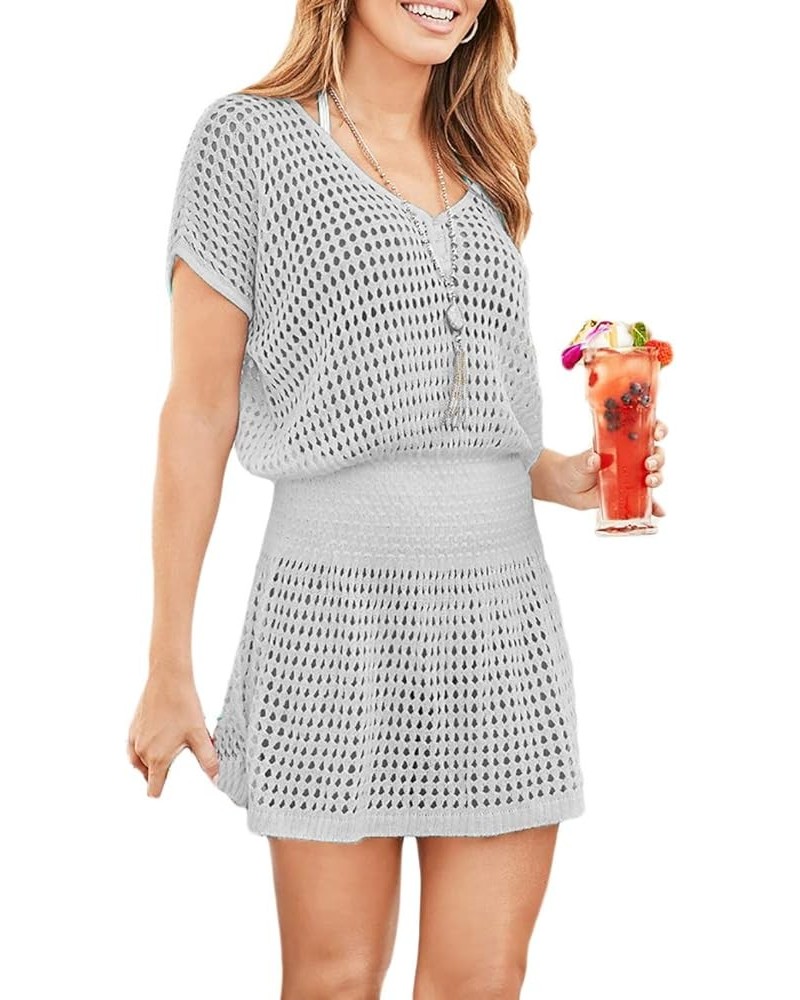 Women Crochet Hollow Out Swim Cover Ups Short Sleeve Beach Swimwear Tunic Dress Hollow Out Gray $18.14 Swimsuits