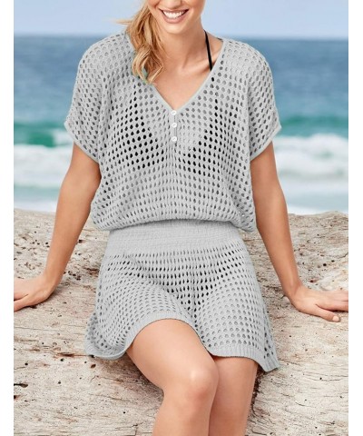 Women Crochet Hollow Out Swim Cover Ups Short Sleeve Beach Swimwear Tunic Dress Hollow Out Gray $18.14 Swimsuits