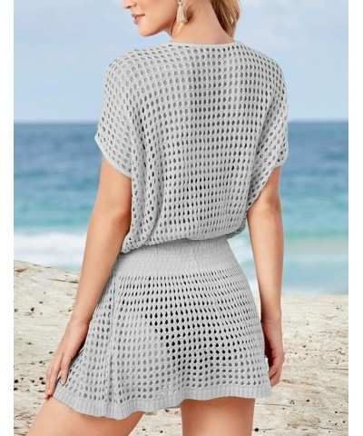 Women Crochet Hollow Out Swim Cover Ups Short Sleeve Beach Swimwear Tunic Dress Hollow Out Gray $18.14 Swimsuits