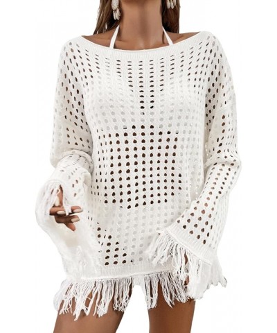 Women's Crochet Swimsuit Cover Up Long Sleeve Knitted Fringe Swim Beach Cover Up Swimwear White $18.55 Swimsuits