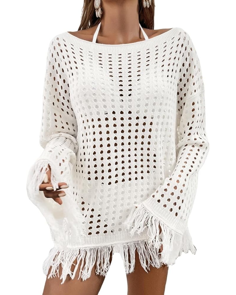 Women's Crochet Swimsuit Cover Up Long Sleeve Knitted Fringe Swim Beach Cover Up Swimwear White $18.55 Swimsuits