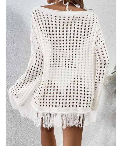 Women's Crochet Swimsuit Cover Up Long Sleeve Knitted Fringe Swim Beach Cover Up Swimwear White $18.55 Swimsuits