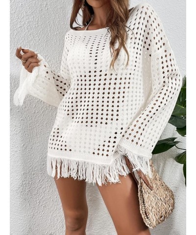 Women's Crochet Swimsuit Cover Up Long Sleeve Knitted Fringe Swim Beach Cover Up Swimwear White $18.55 Swimsuits