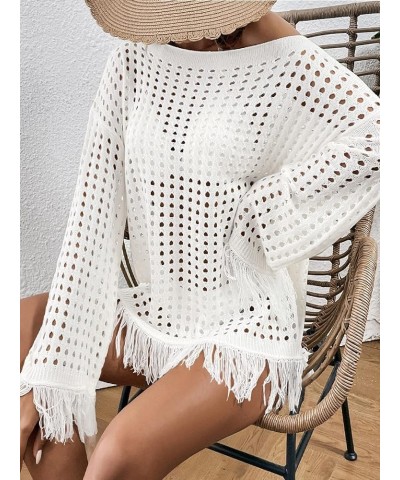 Women's Crochet Swimsuit Cover Up Long Sleeve Knitted Fringe Swim Beach Cover Up Swimwear White $18.55 Swimsuits