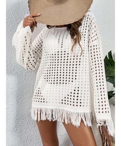 Women's Crochet Swimsuit Cover Up Long Sleeve Knitted Fringe Swim Beach Cover Up Swimwear White $18.55 Swimsuits