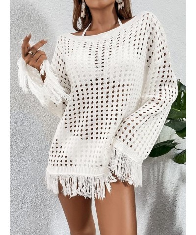 Women's Crochet Swimsuit Cover Up Long Sleeve Knitted Fringe Swim Beach Cover Up Swimwear White $18.55 Swimsuits