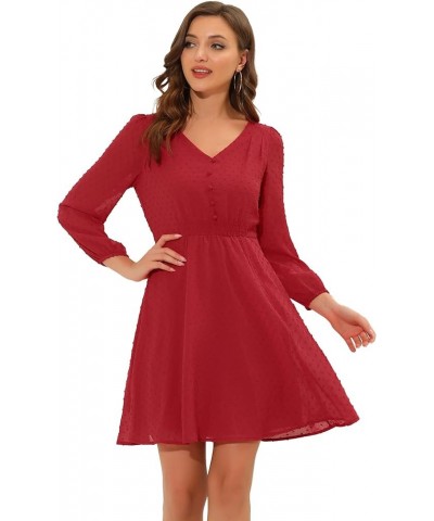 Women's Swiss Dots Elastic Waist 3/4 Sleeve A-line Solid Flowy Chiffon Dress Red $13.24 Dresses