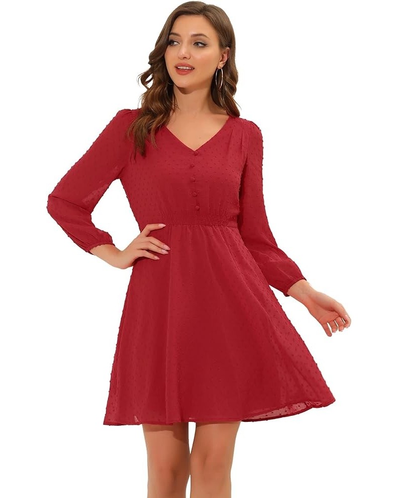 Women's Swiss Dots Elastic Waist 3/4 Sleeve A-line Solid Flowy Chiffon Dress Red $13.24 Dresses