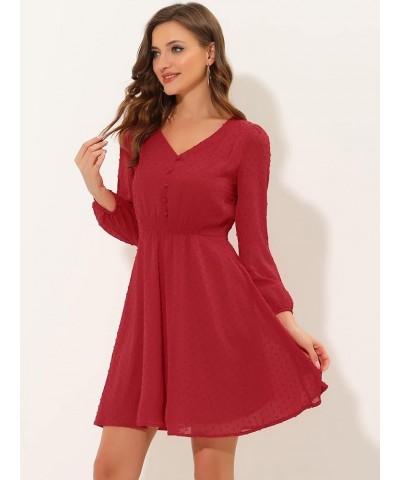 Women's Swiss Dots Elastic Waist 3/4 Sleeve A-line Solid Flowy Chiffon Dress Red $13.24 Dresses