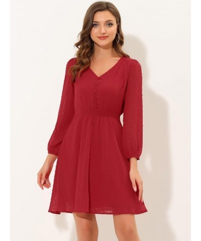 Women's Swiss Dots Elastic Waist 3/4 Sleeve A-line Solid Flowy Chiffon Dress Red $13.24 Dresses