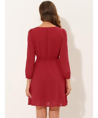 Women's Swiss Dots Elastic Waist 3/4 Sleeve A-line Solid Flowy Chiffon Dress Red $13.24 Dresses