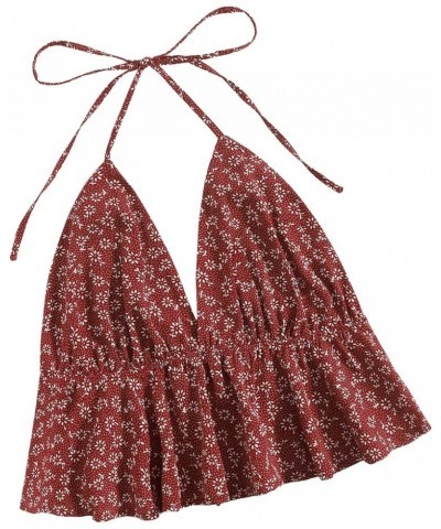 Women's Boho Ditsy Floral Tie Back Ruffle Hem Halter Cami Crop Top Burgundy $17.39 Tanks