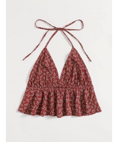 Women's Boho Ditsy Floral Tie Back Ruffle Hem Halter Cami Crop Top Burgundy $17.39 Tanks