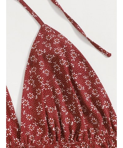 Women's Boho Ditsy Floral Tie Back Ruffle Hem Halter Cami Crop Top Burgundy $17.39 Tanks