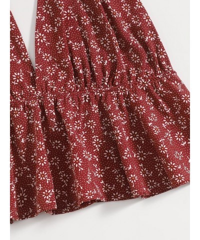 Women's Boho Ditsy Floral Tie Back Ruffle Hem Halter Cami Crop Top Burgundy $17.39 Tanks