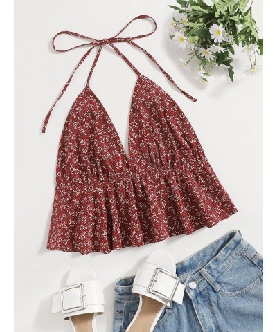 Women's Boho Ditsy Floral Tie Back Ruffle Hem Halter Cami Crop Top Burgundy $17.39 Tanks