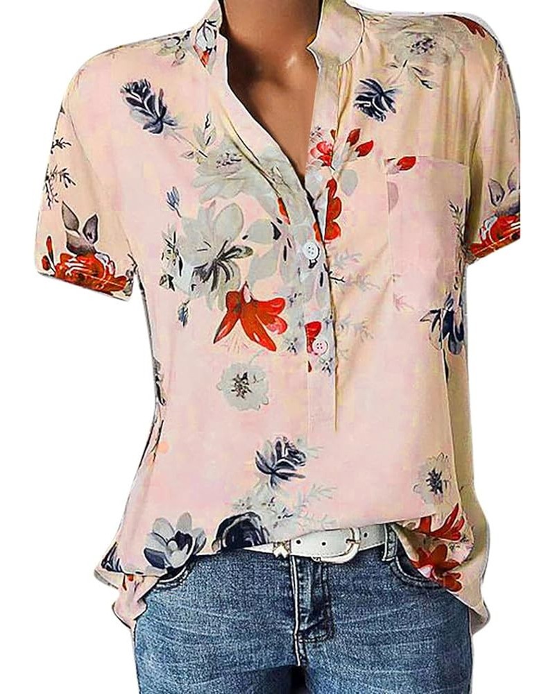 Floral Print Women's Tops Short Sleeve Button Down Shirts Casual Loose Fit Blouses 2024 Spring Top for Women 01-pink $7.90 Bl...