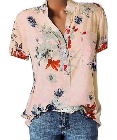 Floral Print Women's Tops Short Sleeve Button Down Shirts Casual Loose Fit Blouses 2024 Spring Top for Women 01-pink $7.90 Bl...