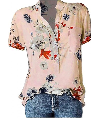 Floral Print Women's Tops Short Sleeve Button Down Shirts Casual Loose Fit Blouses 2024 Spring Top for Women 01-pink $7.90 Bl...