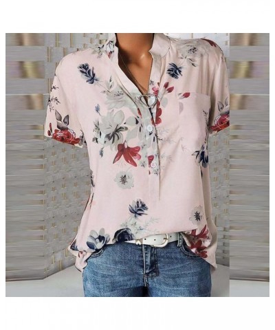 Floral Print Women's Tops Short Sleeve Button Down Shirts Casual Loose Fit Blouses 2024 Spring Top for Women 01-pink $7.90 Bl...