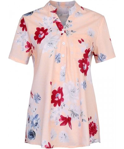 Floral Print Women's Tops Short Sleeve Button Down Shirts Casual Loose Fit Blouses 2024 Spring Top for Women 01-pink $7.90 Bl...