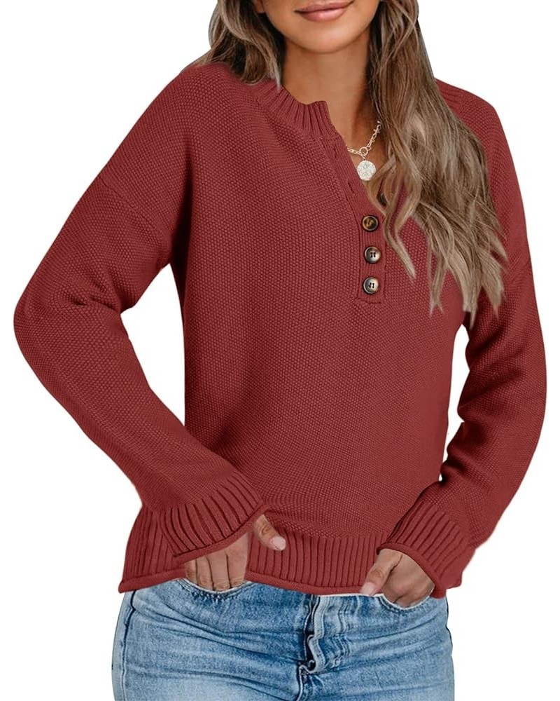 Women's Casual V-Neck Button Down Long Sleeve Ribbed Knit Loose Henley Tunic Sweaters Fall Pullover Jumper Tops Brick Red $18...