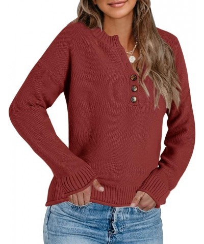 Women's Casual V-Neck Button Down Long Sleeve Ribbed Knit Loose Henley Tunic Sweaters Fall Pullover Jumper Tops Brick Red $18...