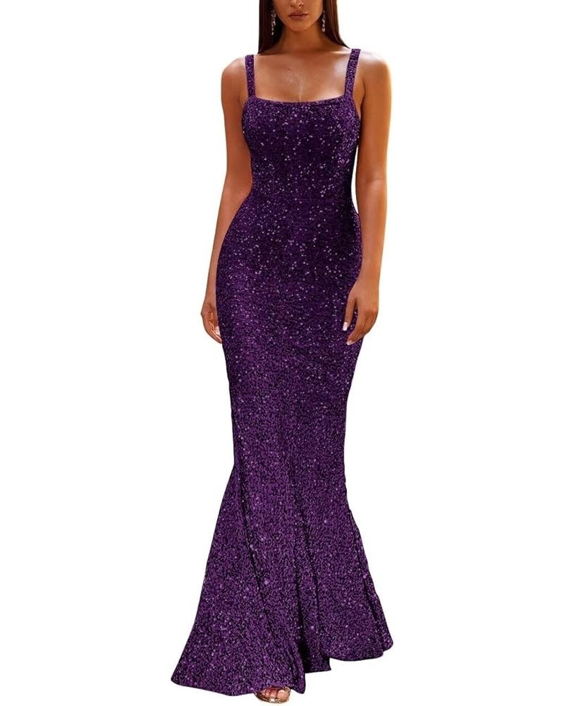 Women's Sequin Mermaid Prom Dresses 2024 Long Spaghetti Strap Sparkly Bodycon Formal Party Evening Gowns Purple $29.16 Dresses