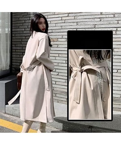 Autumn Long Leather Trench Coat for Women Long Sleeve Belt Buttons Faux Leather Raincoat Women Korean Fashion White $45.64 Coats