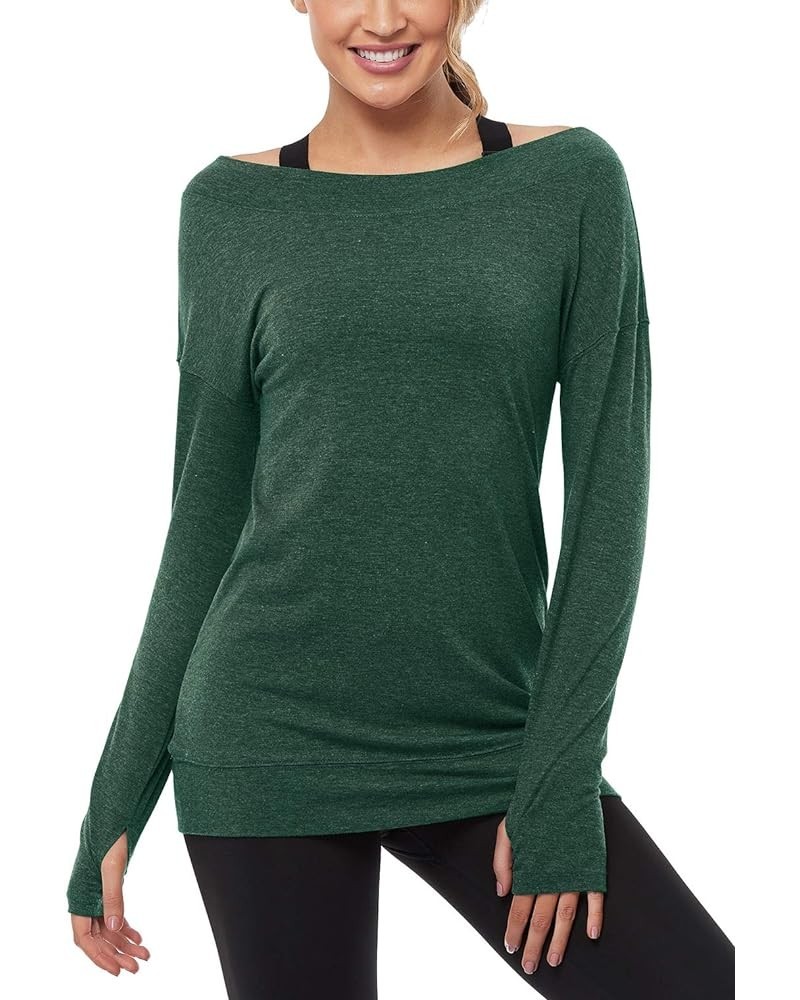 Long Sleeve Workout Shirts-Off Shoulder Long Sleeve Yoga Sports Long T-Shirt Activewear with Thumb Hole Green $11.68 Activewear