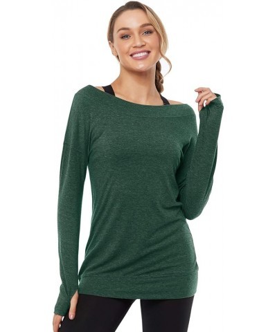 Long Sleeve Workout Shirts-Off Shoulder Long Sleeve Yoga Sports Long T-Shirt Activewear with Thumb Hole Green $11.68 Activewear